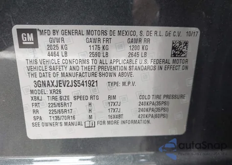 2018 Chevrolet Equinox Lt z USA, uszkodzony, nr VIN 3GNAXJEV2JS541921